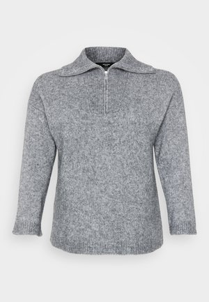 Gray knit sweater with a half-zip collar, wide sleeves, and ribbed cuffs. Soft texture with a subtle heather pattern throughout.