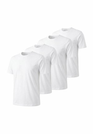Vier schlichte weiße T-Shirts mit Rundhalsausschnitt und kurzen Ärmeln, in versetzter Reihe auf weißem Hintergrund angeordnet.