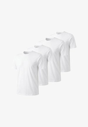 Vier schlichte weiße T-Shirts mit Rundhalsausschnitt und kurzen Ärmeln, in versetzter Reihe auf weißem Hintergrund angeordnet.