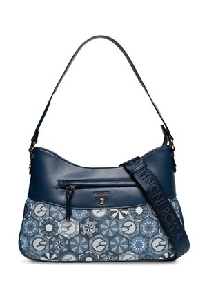 Borsa a tracolla blu in pelle e fantasia con tasca frontale con zip e tracolla regolabile con logo.