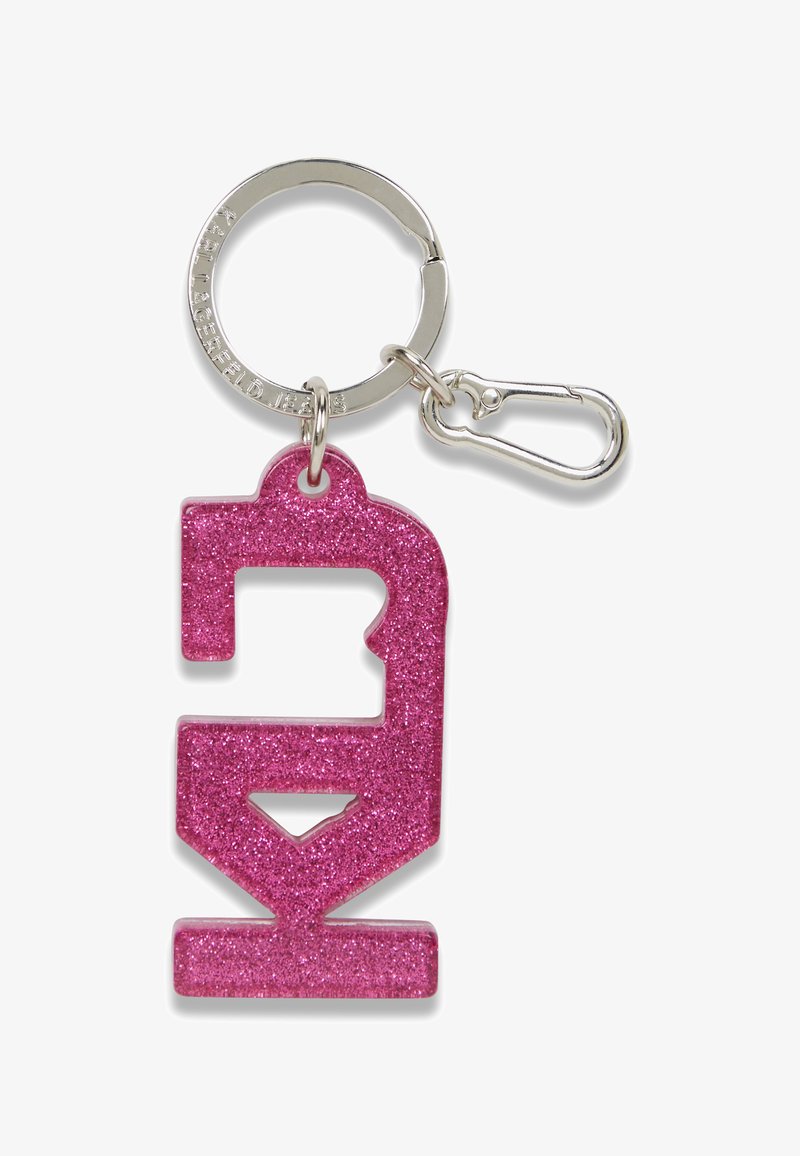Chaveiro de acrílico rosa com glitter em forma do número 2 estilizado, preso a um anel de metal prateado com um clip para fixação segura.