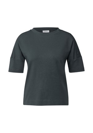 Dunkelgraues T-Shirt mit kurzen Ärmeln aus Baumwolle und Rundhalsausschnitt, mit Knopfdetails an der Schulter und lockerem Schnitt.