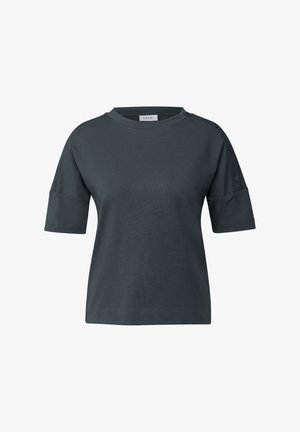 T-shirt à manches courtes gris foncé en coton avec un col rond, doté de détails en boutons sur l'épaule et d'une coupe décontractée.