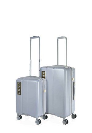 Dos maletas rígidas en gris claro, con detalles del logotipo dorado de DKNY, asas retráctiles y ruedas de 360 grados para una fácil maniobrabilidad.