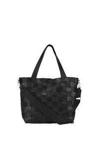 Bolsa tote tejida negra de cuero, con asas dobles y una correa de hombro desmontable con un diseño texturizado. Sin detalles de hardware.