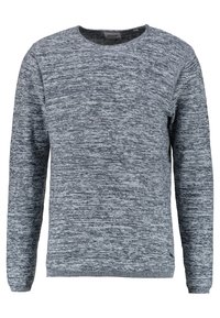 Grauer Strickpullover mit Rundhalsausschnitt, der ein strukturiertes, meliertes Muster aufweist. Lange Ärmeln und gerippte Bündchen sowie Säume.