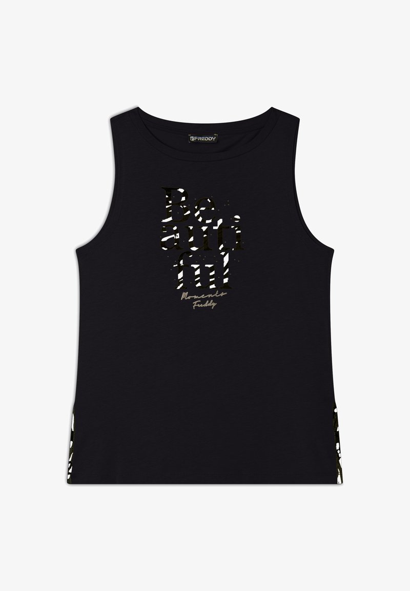 Top nero senza maniche con una grafica audace che recita "Be autiful". I dettagli sui lati mostrano un design a fantasia contrastante. Tessuto in cotone morbido.