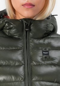 Zelená púšťačka s lesklou, prešívanou textúrou. Obsahuje vysoký golier, zips po celej dĺžke a logo na hrudi.