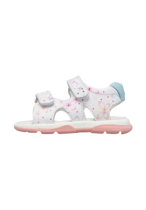 Sandalo bianco per bambini con motivi a fiori rosa, due cinturini regolabili, tacco azzurro chiaro e suola in gomma rosa.