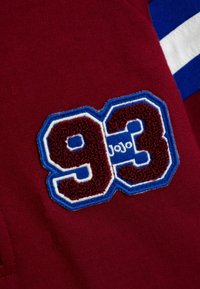 Hanorac maro cu un patch texturat, brodat, cu cifra "93" în nuanță de brun închis și contur albastru, având accente cu dungi albastre și albe.