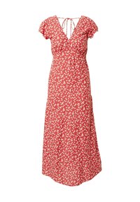 Vestido maxi floral rojo con mangas cortas y onduladas, escote en V profundo y detalle de lazo en la parte posterior, hecho de una tela ligera con una textura suave.