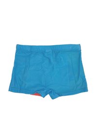 Pantaloni da nuoto blu con una texture liscia e vita elastica. Presentano un piccolo accento rosso e giallo sul lato sinistro.