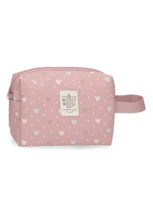 Bolsa de cosméticos rectangular rosa con patrones de cabezas de Mickey Mouse en azul claro, blanco y lavanda, y asa lateral.