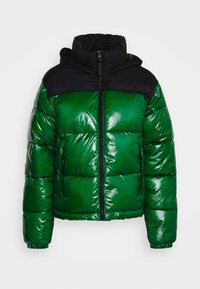 Casaco acolchoado com um corpo verde brilhante, ombros pretos, fecho de correr, capuz e punhos elásticos. Apresenta bolsos laterais e um design acolchoado.