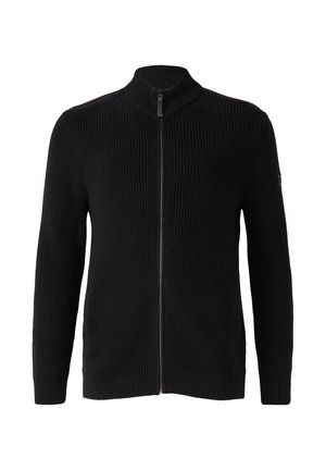 Schwarzer Reißverschluss-Pullover mit strukturiertem Rippelmaterial, hohem Kragen und kontrastierendem Reißverschluss. Verfügt über lange Ärmel und einen geraden Schnitt.