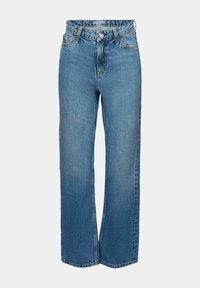 Jeans de corte amplio en azul claro, fabricados en denim, con cierre de cremallera, diseño de cinco bolsillos y una sutil textura desgastada en toda su superficie.