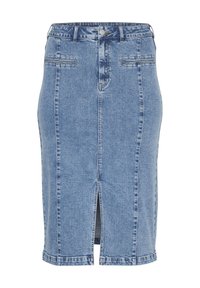 Denim svinčnik krilo v svetlo modri barvi, s sprednjim razporkom, dvema sprednjima žepoma in klasičnim pasom z gumbom.