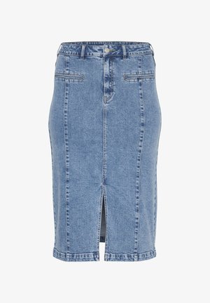 Gonna a tubino in denim leggera blu, con spacco frontale, due tasche frontali e una vita classica con chiusura a bottone.