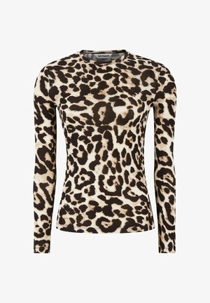 Garais piedurkņu, pieguļošs krekls ar bēšu, brūnu un melnu leoparda rakstu un apaļu kakla izgriezumu.