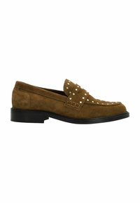 Brown suede loafer with a round toe, decorative stitching, and silver studs on the strap. Black heel and sole with minimal texture.