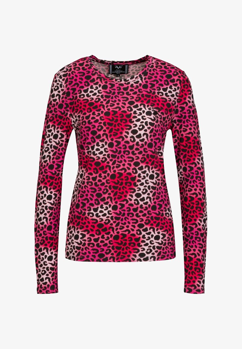 Langärmliges Oberteil mit einem pink-schwarzen Leopardenmuster, versehen mit einem runden Ausschnitt und aus weichem, leichtem Stoff.