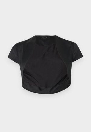 Boléro noir à manches courtes avec devant ouvert et longueur raccourcie, en tissu lisse.