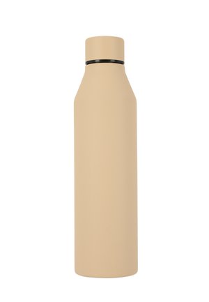 Beige genanvendelig vandflaske med skrue låg og en sort ring nær toppen, vist på hvid baggrund.