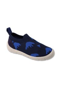 Scarpa slip-on blu navy con motivo a onde, tomaia in maglia texturizzata, suola in gomma e inserto posteriore per una facile calzata.