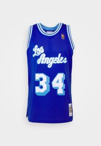 Canotta da basket blu in tessuto rete che presenta la scritta "Los Angeles" e il numero "34" in azzurro chiaro. Include l'etichetta del logo NBA sull'orlo.