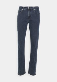 Mörkblå jeans i denim, med rak bendesign, fem fickor och metallknappstängning. Klassiska sömnadsdetaljer.