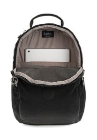 Black fabric backpack featuring a spacious interior with a gray lining and a compartment for a tablet, secured by a smooth zipper.
