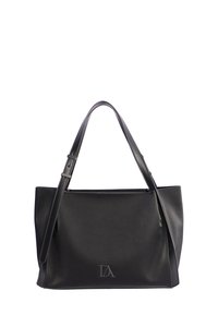 Bolso tote de cuero negro con asas dobles y correa de hombro ajustable, con un sutil logo grabado en el centro frontal.