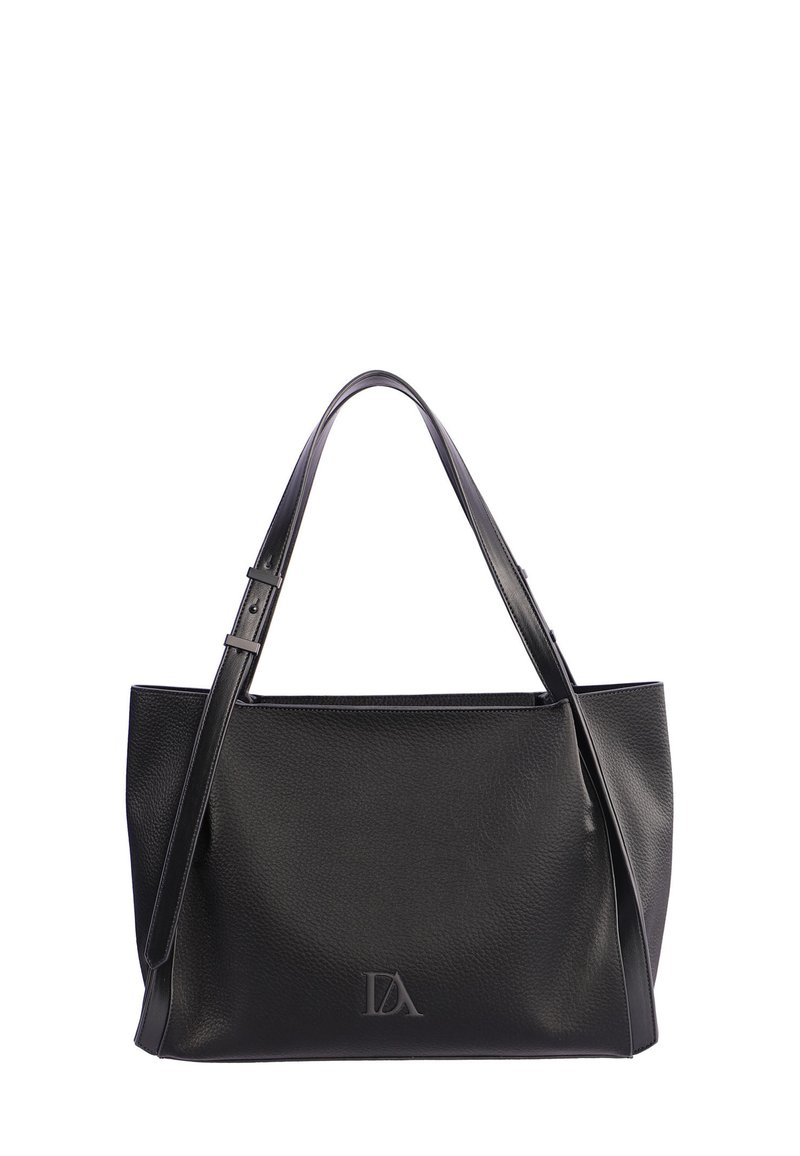 Bolso tote de cuero negro con asas dobles y correa de hombro ajustable, con un sutil logo grabado en el centro frontal.