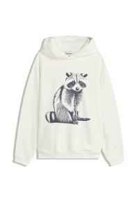 White hoodie featuring a black raccoon graphic on the front. Soft fabric, relaxed fit, and ribbed cuffs and hem.