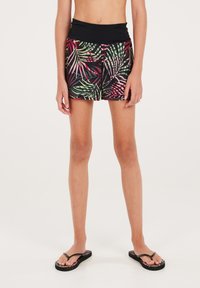 Zwarte zwemshorts met een kleurrijk palmenbladpatroon, met een zwarte tailleband. De shorts zijn lichtgewicht en ontworpen voor comfort.