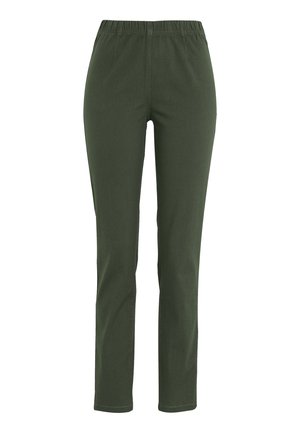 Grüne Stretchhose mit elastischem Bund. Bietet eine schmale Passform und eine glatte Textur, die für Komfort und ein angenehmes Tragegefühl sorgt.