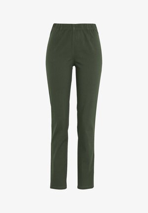 Groene stretchbroek met een elastische tailleband. Heeft een slim fit en een gladde textuur, ontworpen voor comfort en gemak van het dragen.