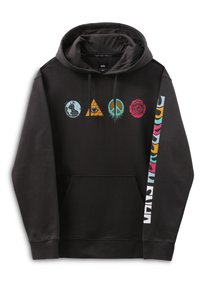 Felpa nera con cappuccio caratterizzata da una grafica frontale con globo, piramide, simbolo di pace e rosa. Include un motivo colorato sui lati e una tasca a marsupio.