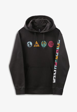 Felpa nera con cappuccio caratterizzata da una grafica frontale con globo, piramide, simbolo di pace e rosa. Include un motivo colorato sui lati e una tasca a marsupio.