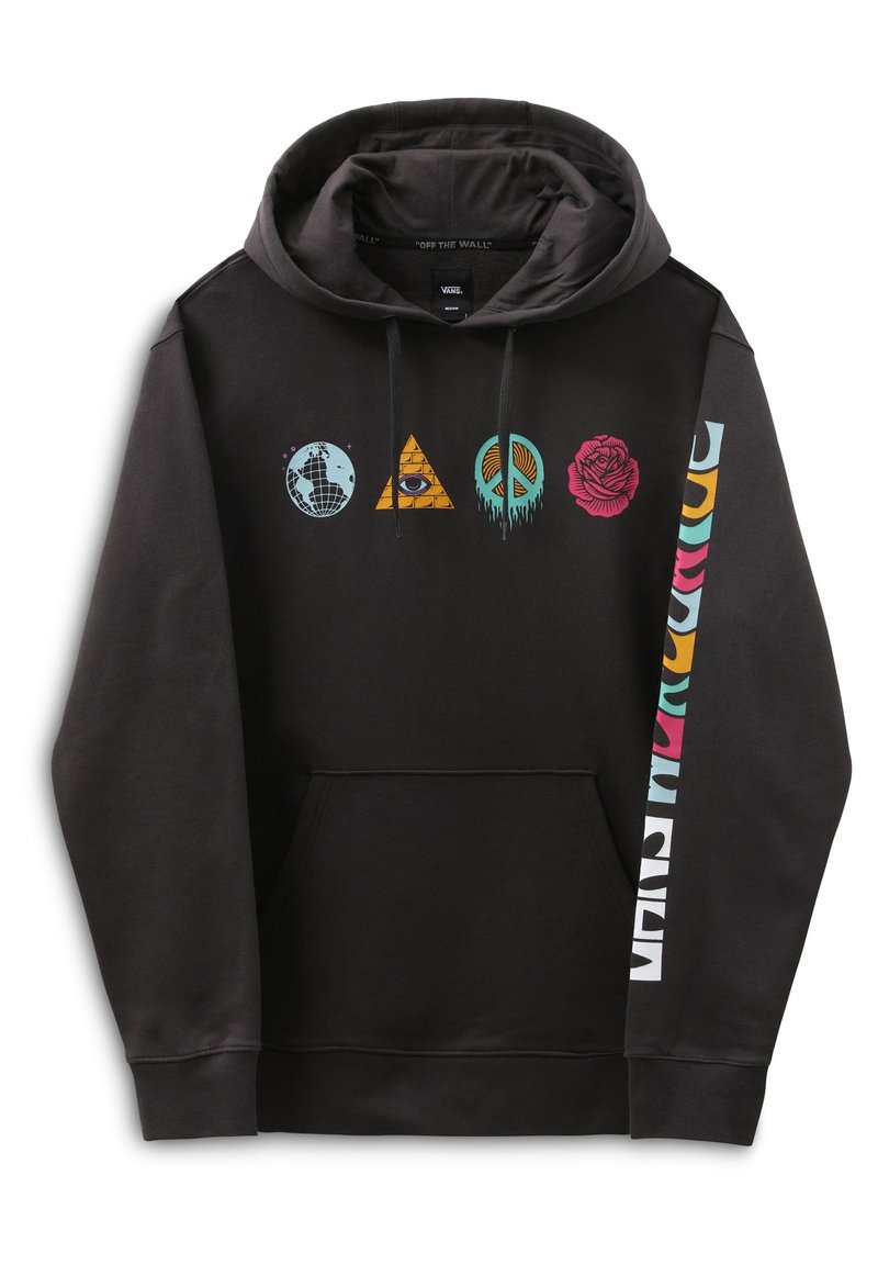 Felpa nera con cappuccio caratterizzata da una grafica frontale con globo, piramide, simbolo di pace e rosa. Include un motivo colorato sui lati e una tasca a marsupio.