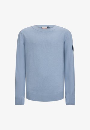 Maglione a maglia azzurro chiaro con scollatura rotonda, polsini e orlo a costine, dotato di un piccolo logo ricamato sul petto e una toppa sulla manica.