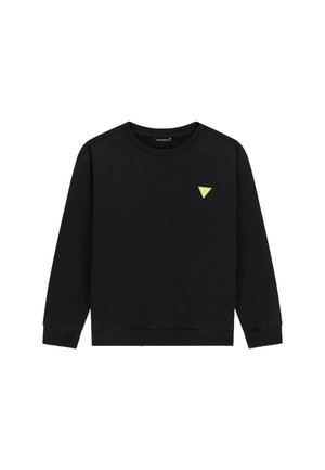 Sweatshirt noir à coupe décontractée. Doté d'un col rond, de manches longues et d'un petit logo en triangle vert sur la poitrine. Tissu doux et texturé.