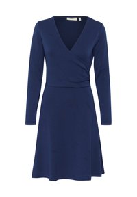 Navy blue wrap dress in stretch fabric with long sleeves, V-neckline, fitted waist, and flared skirt. Smooth texture, no patterns or accents.