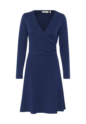 Vestido envolvente azul marino de tela elástica con mangas largas, escote en V, cintura ajustada y falda acampanada. Textura suave, sin estampados ni adornos.