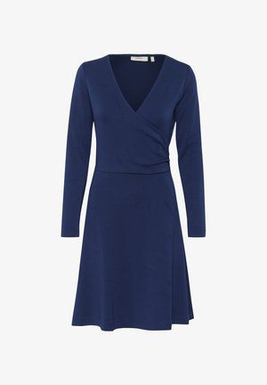 Navyblaues Wickelkleid aus Stretchstoff mit langen Ärmeln, V-Ausschnitt, tailliertem Schnitt und ausgestelltem Rock. Glatte Textur, keine Muster oder Akzente.