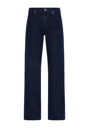 Dunkelblaue Jeans aus Denim mit geradem Schnitt, fünf Taschen und Bronzebeschlägen. Der Stoff hat eine glatte Textur und minimale Ausbleichungen.