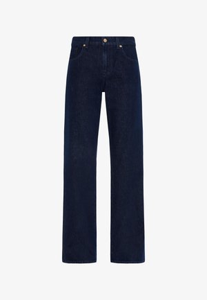 Dunkelblaue Jeans aus Denim mit geradem Schnitt, fünf Taschen und Bronzebeschlägen. Der Stoff hat eine glatte Textur und minimale Ausbleichungen.