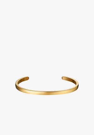 Náramok z kovu v zlatej farbe, s hladkým povrchom, zaoblenými hranami, minimalistickým dizajnom, otvorenými koncami a lešteným povrchom.