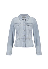 Hellblaues Jeansjacke mit Peplum-Design, langen Ärmeln, zwei vorderen Taschen und silbernen Knöpfen. Klassischer Kragen und strukturierte Form.