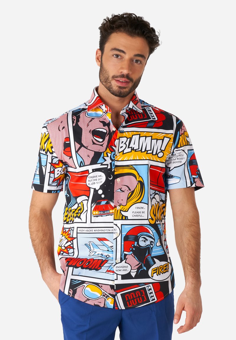 Short-sleeve shirt featuring a comic book graphic pattern in vibrant colors, including red, blue, and black, with various illustrations and speech bubbles.